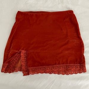 Urban Outfitters Velvet Orange Mini Skirt with Lace Trim